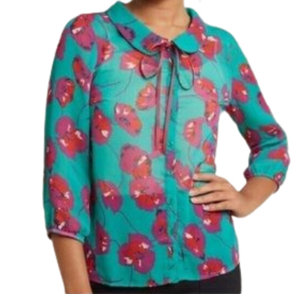 ModCloth sheer teal green top with purple poppies 1X